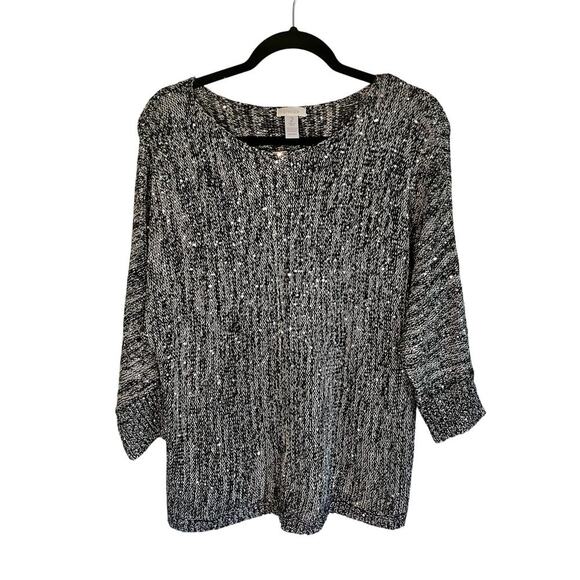 Chico's Black & Silver Sweater Sequins 3/4 Length Sleeve Chico's Size 2 US Large - Picture 1 of 5